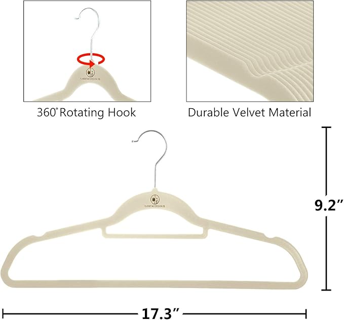 Velvet hangers, non-slip ultra slim space saving hanger, with notches, tie bar, and swivel hooks, 30 pack, with bonus 20 matching velvet finger clips. (ivory [beige/white])