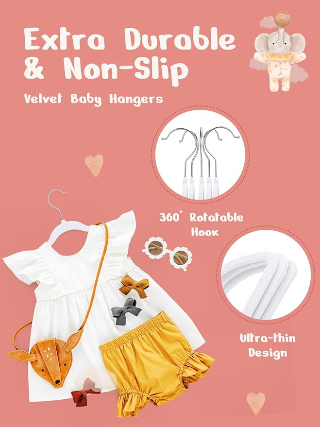 HOUSE DAY 11 Inch Velvet Baby Hangers 50 Pack White, Premium Kids Hangers for Children, Infant & Toddler Clothes, Durable Non Slip Small Baby Felt Hanger for Closet, Ideal for Everyday Use