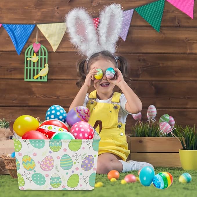 Large ,Empty,Rectangular Colerful Eggs Basket for Boys and Girls Gift,Kids Toy Storage Bin with Hand Painted easter eggs,Baby Room Decor (Easter Basket)