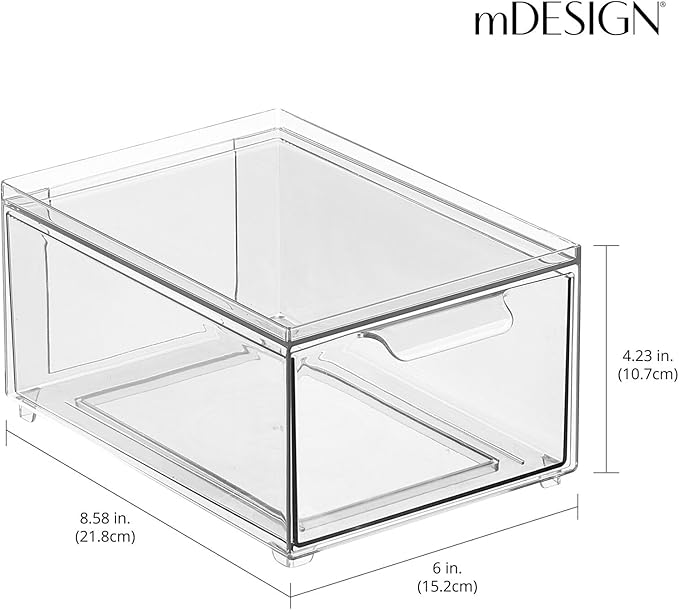 mDesign Stackable Storage Containers Box with 2 Pull-Out Drawers - Stacking Plastic Drawer Bins for Closet Organization, Linen, Coat, Bedroom or Entryway Closets - Lumiere Collection - 2 Pack - Clear