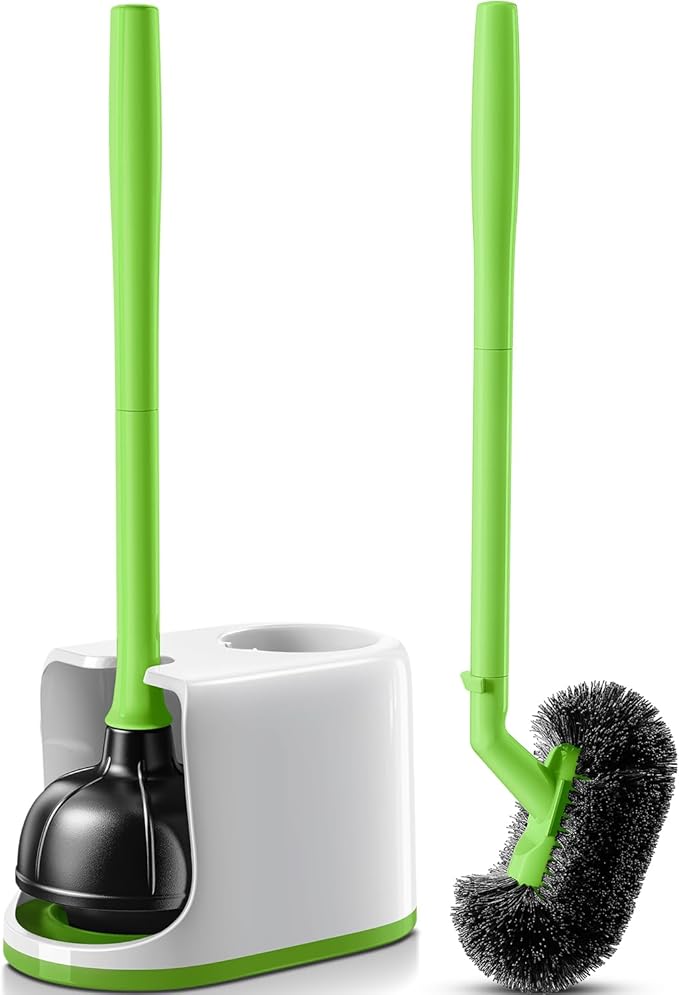 HAMITOR Toilet Plunger Bowl Brush Combo：Heavy Duty Rubber for Drain Clog Remover - Curved Design Bristles for Deep Cleaning Under Rim - Compact Bathroom Cleaning Tools for New Homet Essentials-Green