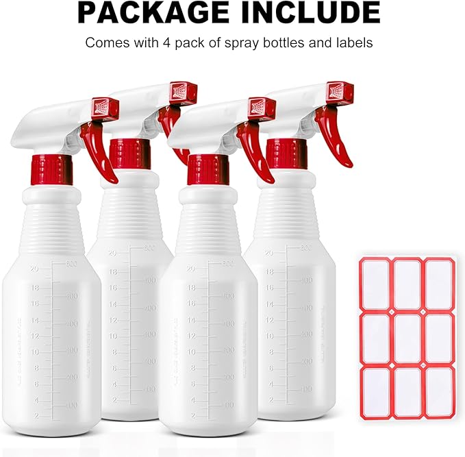 Plastic Spray Bottles 4 Pack, 24 Oz, Mist & Stream, Heavy Duty HDPE Sprayer Bottle, Leak Proof Empty Spraying Water Bottle for Cleaning Solutions, Planting, Car Detail, Pet Training with Measurement