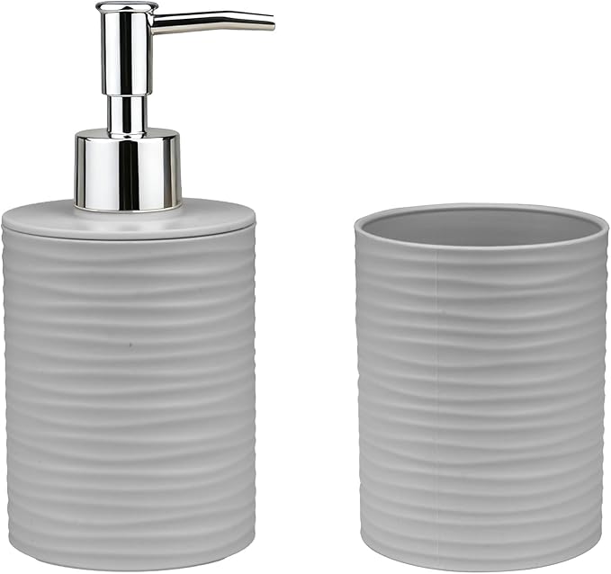 Bathroom Accessories Set, 2-Piece Gray Soap Dispenser & Toothbrush Holder with Ripple Texture & Rust-Proof Pump, Modern Matte Organization