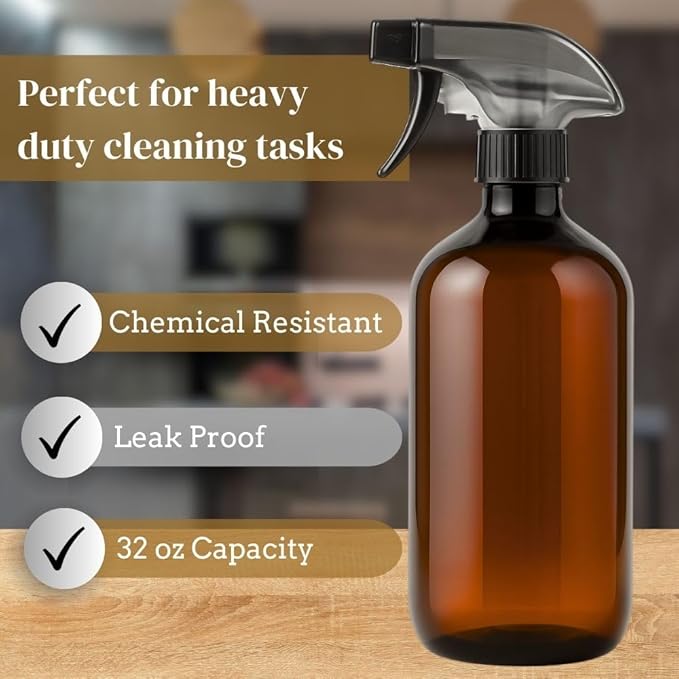 360° Heavy Duty Spray Bottle 32oz (2 Pack) | Upside Down Spray Bottles | All Purpose Plastic Amber Spray Bottles