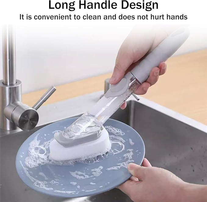 Soap Dispensing Dish Brush with Holder, Kitchen Pot Pan Scrub Brush Set with Replaceable Brush Head, Sink Cleaning Brush with Storage Tray (2-piece Brush Head Set)