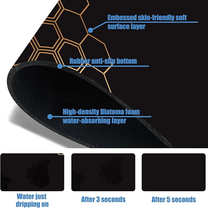 Sink Splash Guard Faucet Mat Black Gold Honeycomb Absorbent Fast Drying Mat Sink Gadgets Splash Guard Behind Faucet Drip Catcher for Kitchen Bathroom 15.5"X5.5"