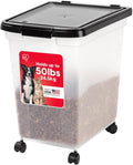IRIS USA WeatherPro Airtight Dog Food Storage Container, Up to 50 lbs, Removable Wheels, for Dog Cat Bird and other Pet Food Storage Bin, Keep Fresh, Translucent Body, Easy Mobility, Clear/Black