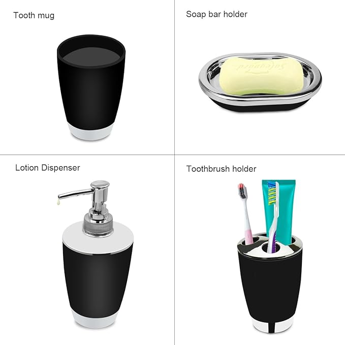 Bathroom Accessories Set, 6-Piece Plastic Gift Set, Toothbrush Holder, Toothbrush Cup, Soap Dispenser, Soap Dish, Toilet Brush Holder, Trash Can (Black)