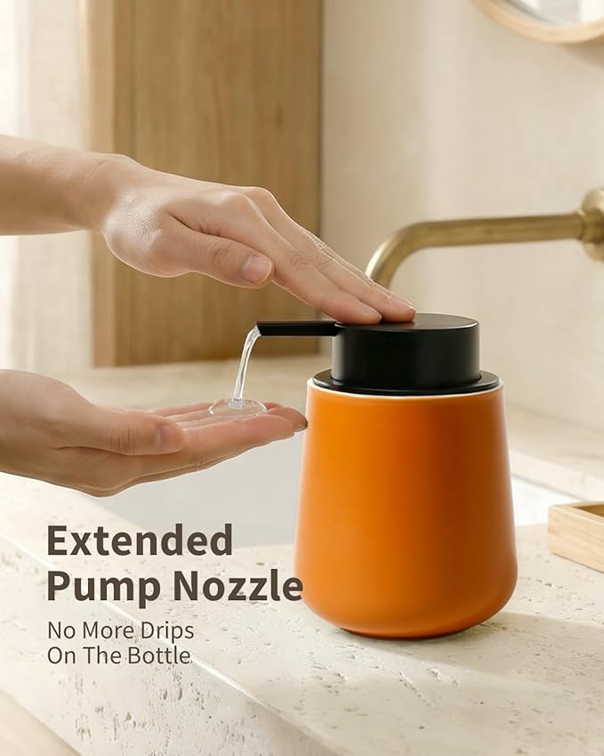 BosilunLife Hand Soap Dispenser - Ceramic Dish Soap Dispenser for Bathroom 12ounce Refillable Liquid Hand Wash Dispenser for Essential Oil, Lotion Soap, Orange