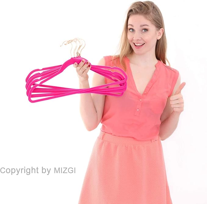 MIZGI Premium Velvet Hangers (Pack of 50) Heavyduty - Non Slip - Velvet Suit Hangers Pink - Copper/Rose Gold Hooks,Space Saving Clothes Hangers