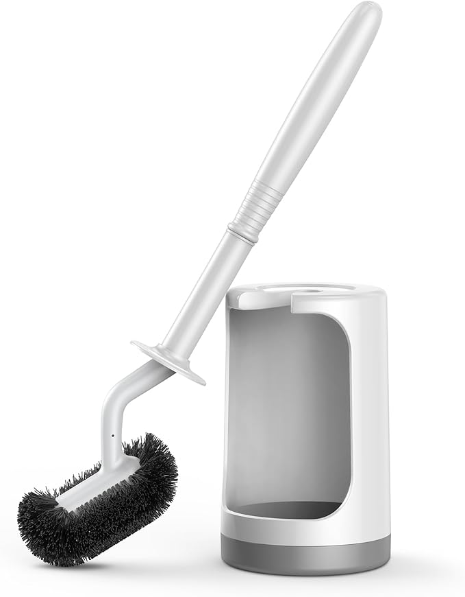 HAMITOR Toilet Bowl Brush Holder Set: Curved Design with Holder for Deep Cleaning Under Rim - Compact Hidden Scrubber for Small Space - Modern RV Bathroom Accessories - 3 Pack