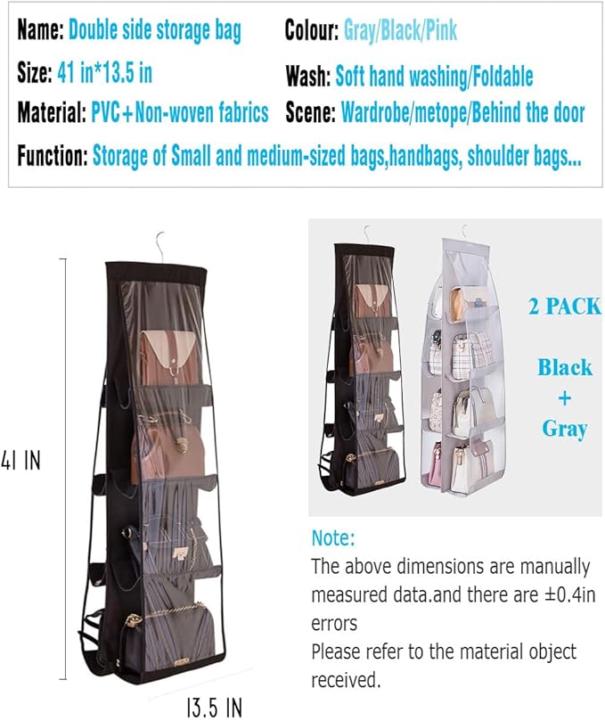 AARAINBOW 2 Packs Hanging Handbag Purse Organizer, Handbag Organizer for Closets, 8 Easy Access Pockets, Womens Purse Storage Organizers, Wardrobe Closet Organizers, 46 L x 13.8W (B Black Gray)