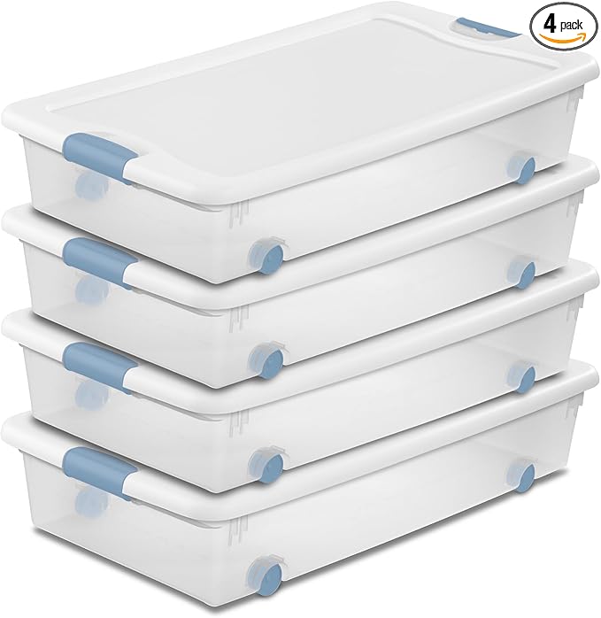 Sterilite 4-Pack 56 Quart Wheeled Latching Box, Underbed Clear Plastic Storage Organizer - Under Bed Rolling Container Bin with Lid and Wheels for Home or Dorm Bedrooms and Closets