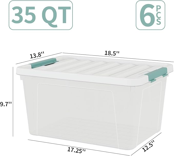 Tyminin 35 Quart Plastic Stackable Storage Container Tote with Secure Latching Lid for Home and Office Organization, Clear Box with White Lid (Pack of 6)