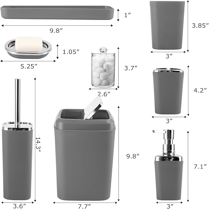 Grey Bathroom Accessories Sets Complete, 9-Piece Bathroom Accessories with Trash Can, Vanity Tray, Soap Dispenser, Soap Dish, Toothbrush Holder, Toothbrush Cup, Toilet Brush and Qtip Holders