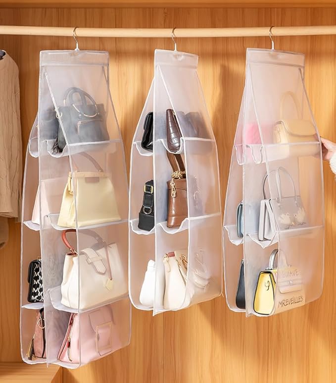 AARAINBOW Hanging Handbag Organizer for Closet, 8-Pocket Purse Storage Holder, Space-Saving Wardrobe Organizer for Women, 44.5" L x 13.5" W (A-White)