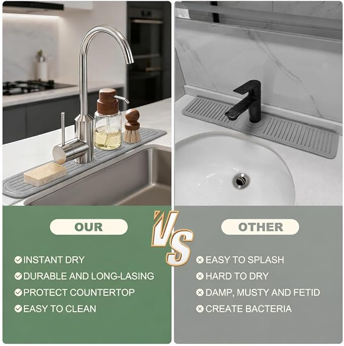 Meiliweser Faucet Mat for Kitchen Sink, Diatomite Quick Drying Stone Mat & Sink Protector, 15.8" x 4" Kitchen Sink Splash Guard, Absorbing Stone Tray for Bathroom Counter (Dark Gray)