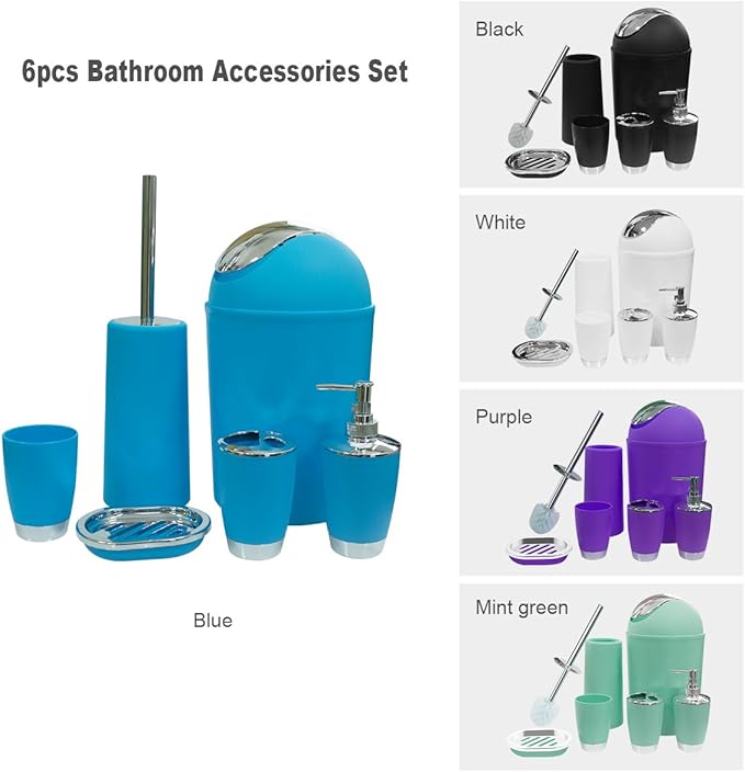 Bathroom Accessories Set, 6-Piece Plastic Gift Set, Toothbrush Holder, Toothbrush Cup, Soap Dispenser, Soap Dish, Toilet Brush Holder, Trash Can (Blue)