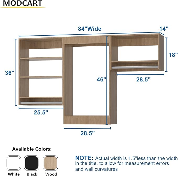 Modular Closet Organizer - 84" Wide with Wood Hanging Shelves, Wall Mounted, Bedroom Closet Storage