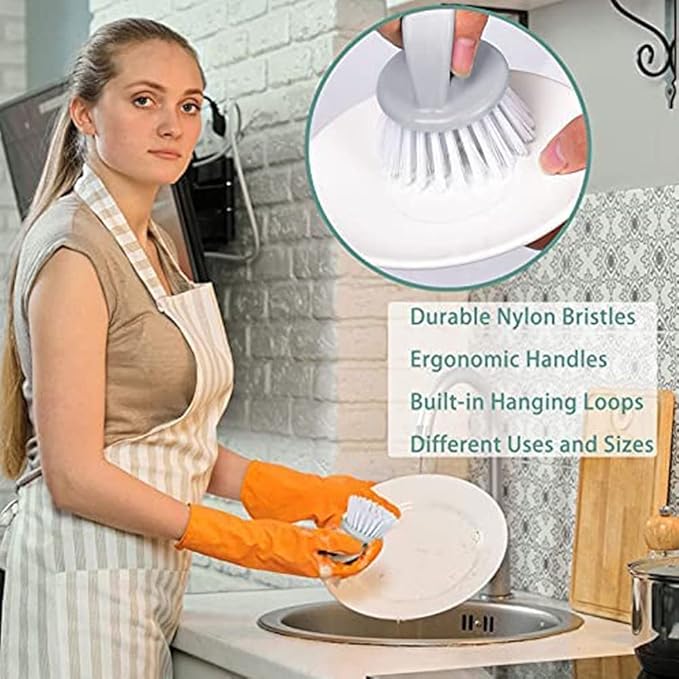 Dish & Bottle Brush Set, 4-Piece Kitchen Cleaning Brushes, Gray, Plastic Handles, Medium Bristles (Nylon or Polyester)