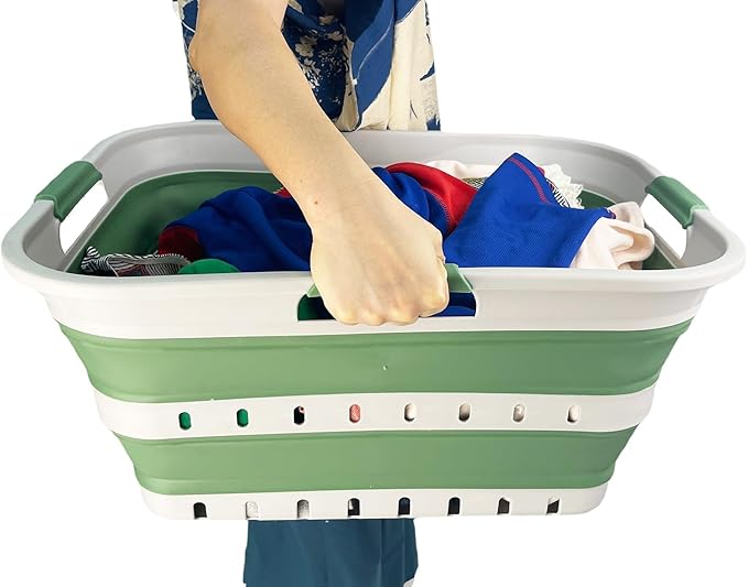 SAMMART 42 (11 Gallons) Collapsible Plastic Laundry Basket, Foldable Pop Up Storage Container/Organizer, Space Saving Hamper, Portable Bin for Dorm Room Bathroom (1, Grey/Dark Sea Green)