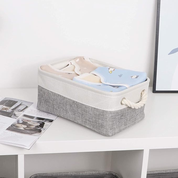 Bidtakay Small Baskets for Organizing Fabric Storage Baskets for Shleves 6 Pack Collapsible Closet Storage Bins with Handles Linen Organizer Baskets for Bathroom Nursery Home Storage (White&Grey)