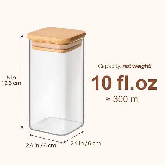 ComSaf 16Pcs Glass Spice Jars with Bamboo Lid, 10oz Airtight Square Containers with 275 Black Lables, Empty Seasoning Jars for Spice Salt Sugar