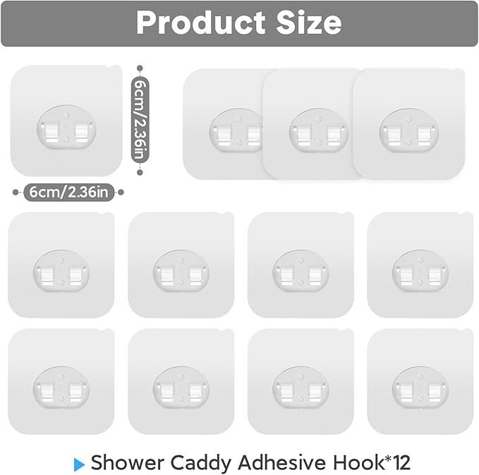 FEPTUASE Shower Caddy Adhesive Replacement, Transparent Strong Adhesive Hooks, No Drilling, Waterproof, for Shower Caddy, Bathroom Storage Shelves and Kitchen Racks (Single*12pcs)
