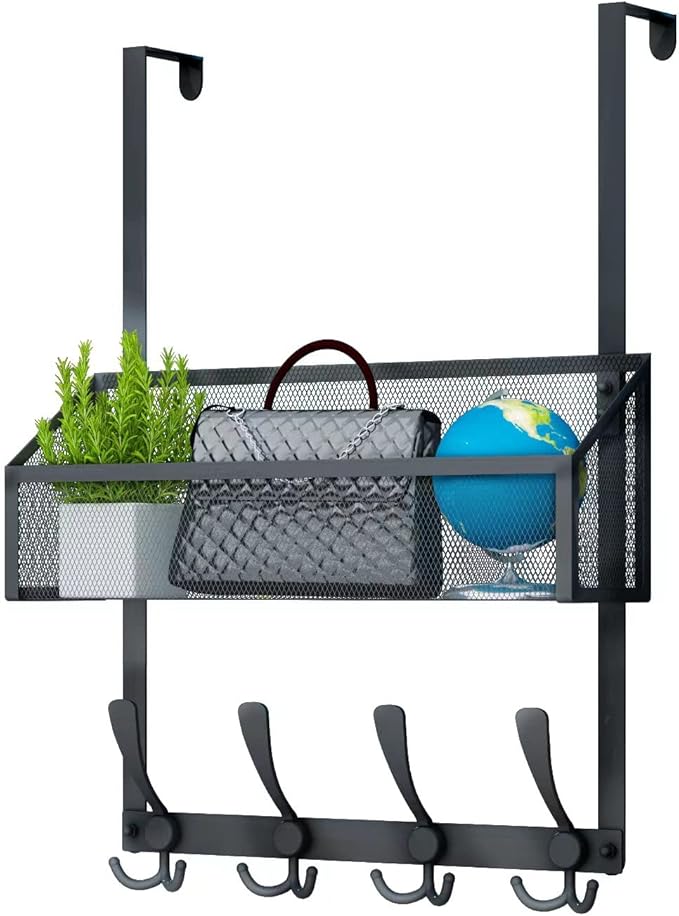 Kaiferty Over The Door Hooks Organizer, Coat Rack Over The Door Storage Hanger Towel Rack, Back of Door Storage Organizer for Bathroom,Bedroom,Kitchen,Office (Black, 2-Tier)