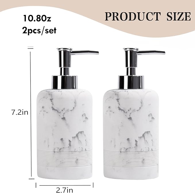2pcs/Set Hand Soap Dispenser Sets - 10.8oz Refillable Resin Liquid Soap Dispensers with Rust-Proof Pump for Bathroom Countertop or Kitchen, Marble White