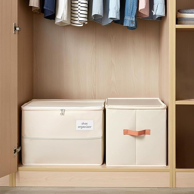 Shoe Organizer for Closet, Foldable Shoe Box Storage Containers with Clear Cover, Smooth Zipper, Reinforced Handles and Bottom Support, Space Saving Shoes Holder, Beige (2, Small)