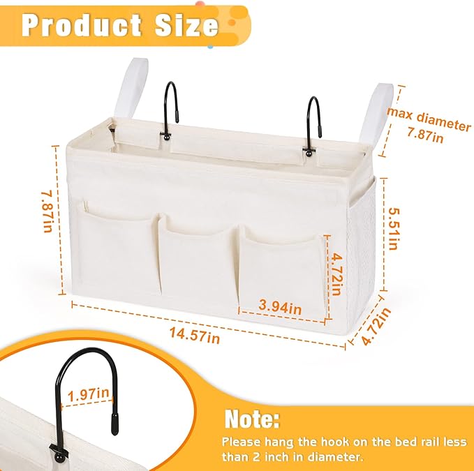 Lilithye Bedside Caddy Organizer with Fixed Straps and Water Bottle Holder for Home, College Dorm, Hospital, Crib and Bunk Bed (2pcs White)
