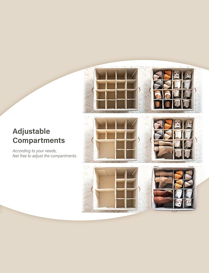 StorageWorks Shoe Organizer for Closet, Fits up to 24 Pairs, Shoe Cubby Storage Containers with Adjustable Dividers and Clear Cover, Beige