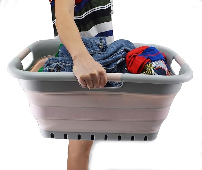 SAMMART 41L Collapsible Plastic Laundry Basket - Foldable Pop Up Storage Container/Organizer - Portable Basket - Space Saving Hamper/Basket (3 handled rectangular, Grey/Pink)