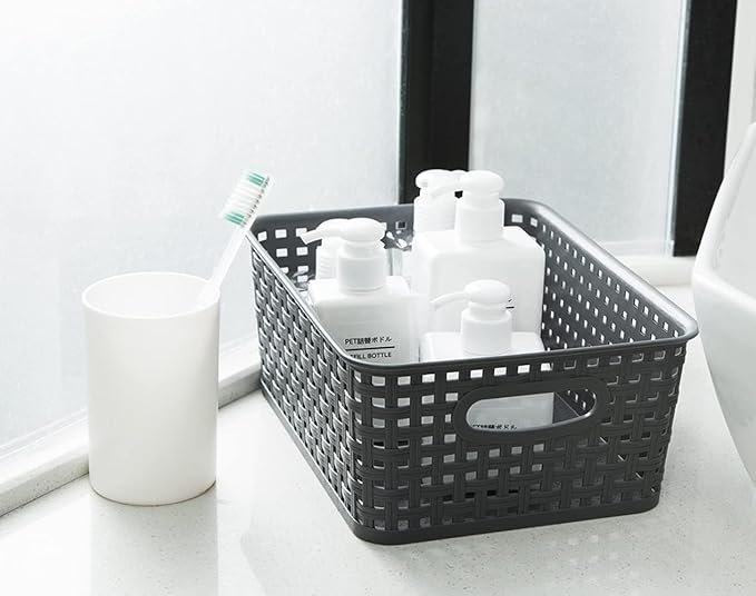 Grey Plastic Weave Storage Basket, 12-Pack Woven Gray Basket Organizer for Kitchen Office Bathroom