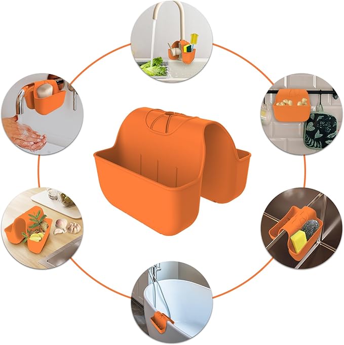 Sponge Holder for Kitchen Sink, Silicone Sink Saddle Caddy Organizer Rack, Sponges Holder Over Faucet, Hanging Kitchen Organizer Accessories Rack Basket - Orange