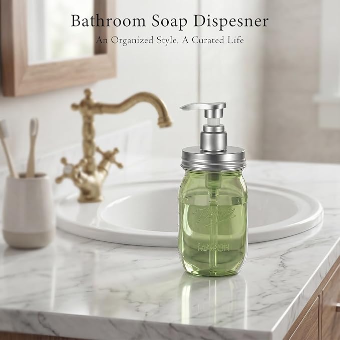 Amolliar Plastic Mason Jar Soap Dispenser with Pump Lid,16OZ Refillable BPA-Free Hand Soap Dispenser Set with Cute Lables, Farmhouse Decor for Kitchen/Bathroom, Liquid Dish Soap, Lotion(2 Pack, Green)