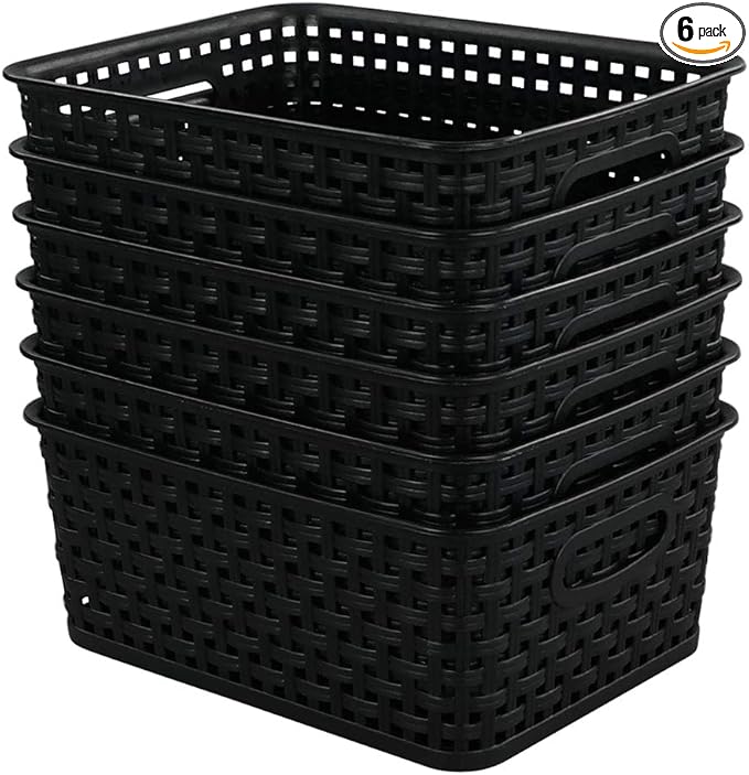 6-Pack Black Plastic Weave Basket, Small Basket for Storage