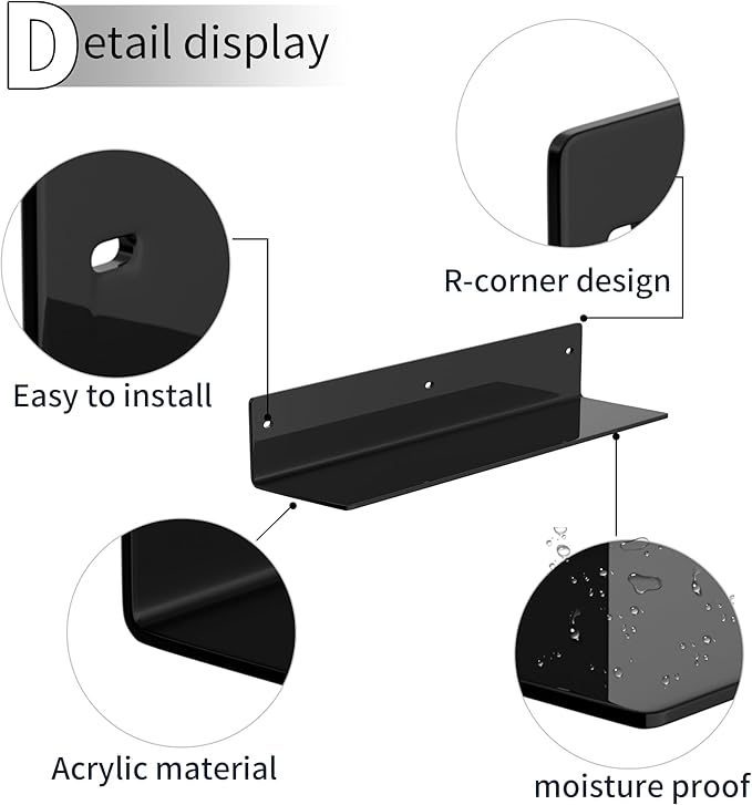 16 Inches Black Acrylic Wall Shelves 2 Pack, L Shape Floating Shelf, Acrylic Corner Shelf for Model Car, Candle, Calendar, Towel, Toiletries, Moisture-Proof, 4'' Depth