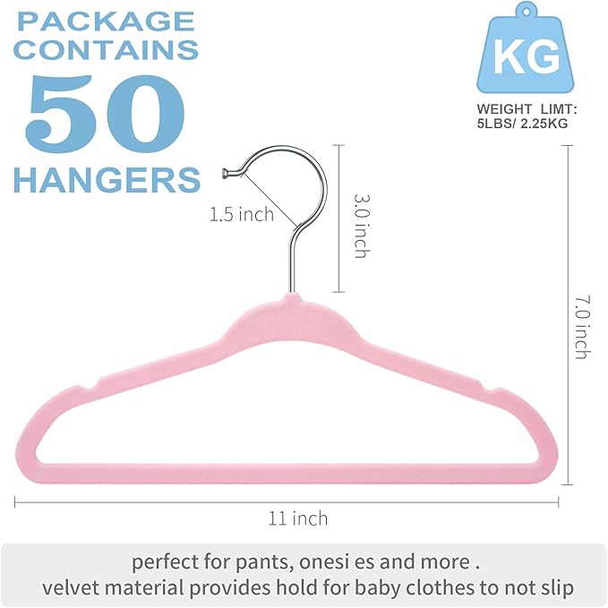 Pink Velvet Kids Hangers 50 Pack - 11" Ultra Thin Non-Slip Clothes Hangers for Baby/Toddler/Daycare | 360° Rotating Hooks, Space-Saving Nursery Organization