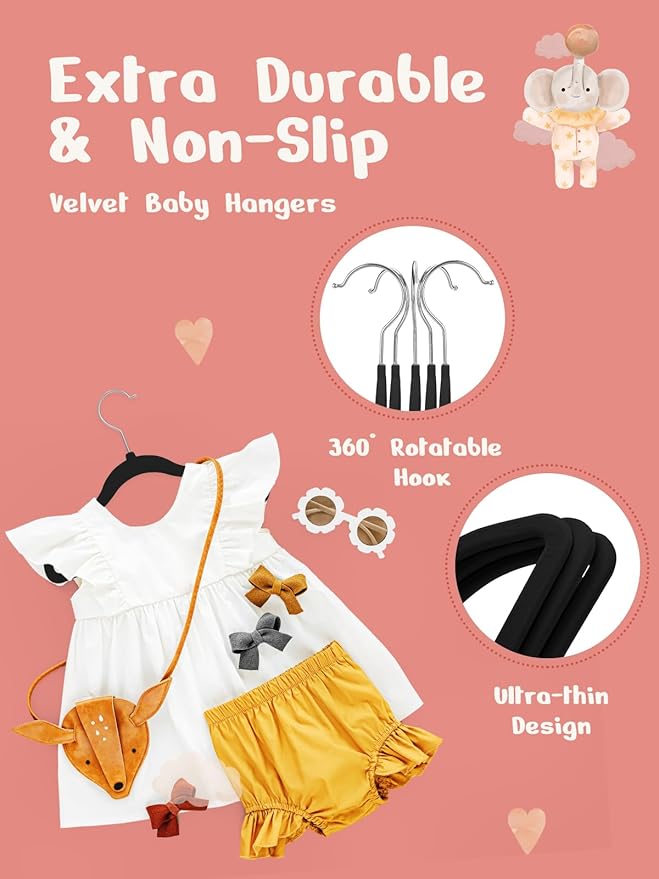 HOUSE DAY 11 Inch Black Velvet Baby Hangers 20 Pack, Premium Kids Hangers for Children, Infant & Toddler Clothes, Durable Non Slip Baby Felt Hanger for Closet, Ideal for Everyday Use