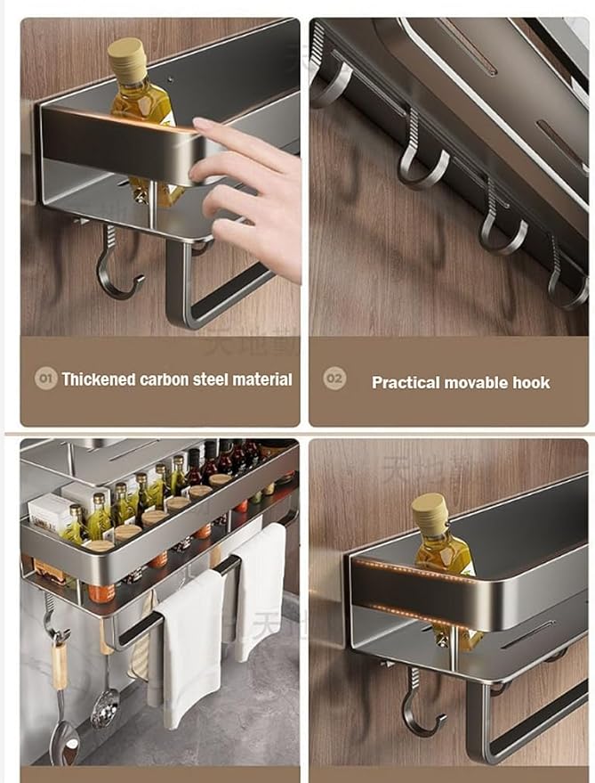 Wall mount Carbon steel Kitchen utensils seasoning spice storage rack, oil salt, sauce vinegar condiment storage rack, Bathroom toiletries organizer with mobile hooks (1 Pack (with bar and hooks))