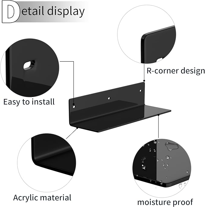 12 Inches Black Wall Shelves Set of 2, Acrylic Bathroom Shelves Wall Mounted for Home Décor, Plants, Cosmetics, Skincare, Moisture-Proof, 4'' Depth, 2 Pack