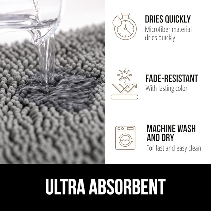 GORILLA GRIP Bath Rug Mat 44x26, Thick Soft Absorbent Chenille, Quick Dry Microfiber Mats, Rubber Backing Washable Shower Floor Rugs, Bathmat Runner, US Designed Bathroom Home Decor Accessories Grey