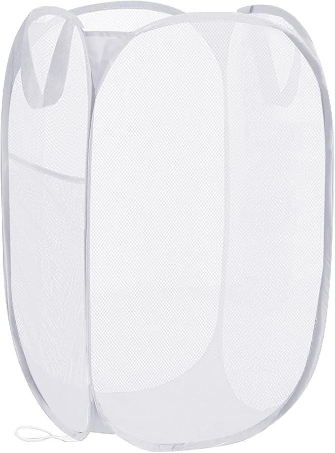 Pop Up Laundry Hamper, Reinforced Mesh Laundry Basket with Handles, Collapsible Clother Hamper with Side Pocket for Home, College Dorm, Travel - White Vertical Storage Basket