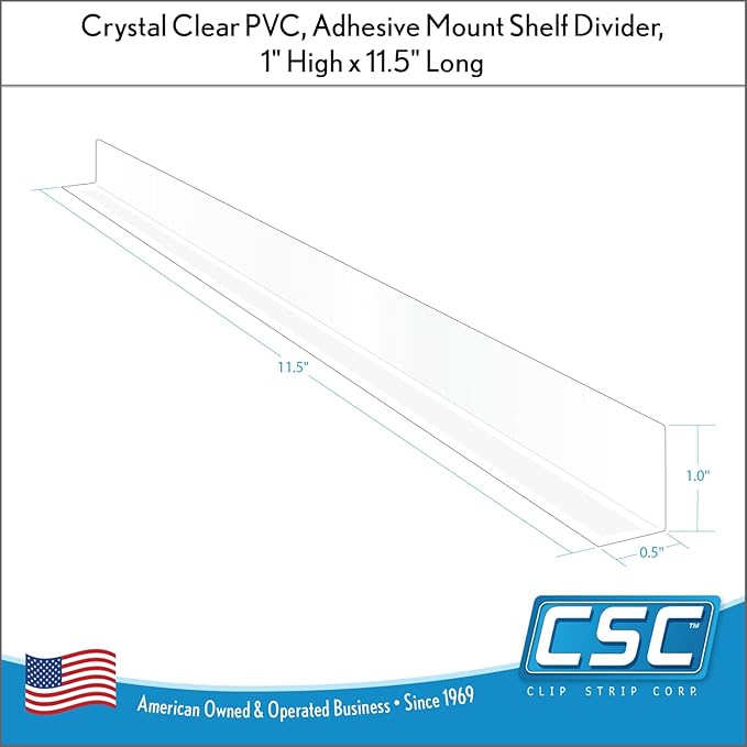 Clip Strip Shelf Dividers Pack of 50 for Retail Stores - Lightweight, Clear Adhesive Mount 1" H x 11-9/16" L Corp., 15 mil Crystal Clear PVC, Retail Shelf Separator, Item SD-1512