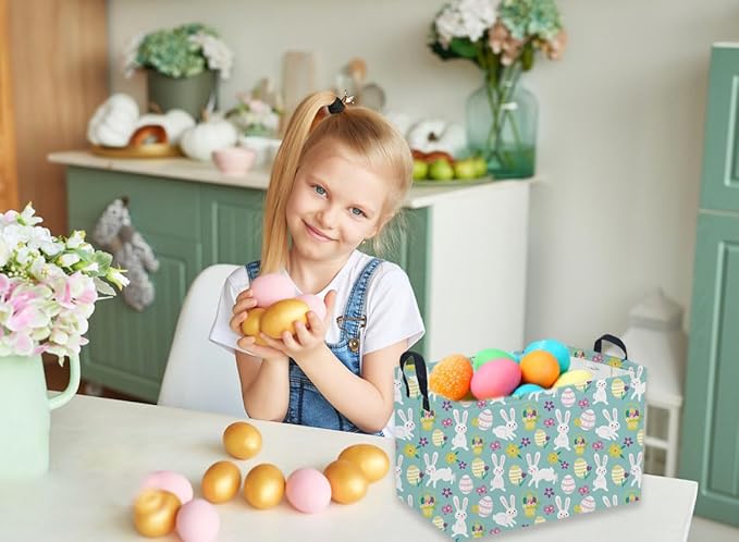 Sanjiaofeng Rectangular Easter Basket Eggs Storage Bins,Cute Storage Basket with Handles.Clothers,Books,Kid's Gifts Bins. (Bule eggs)
