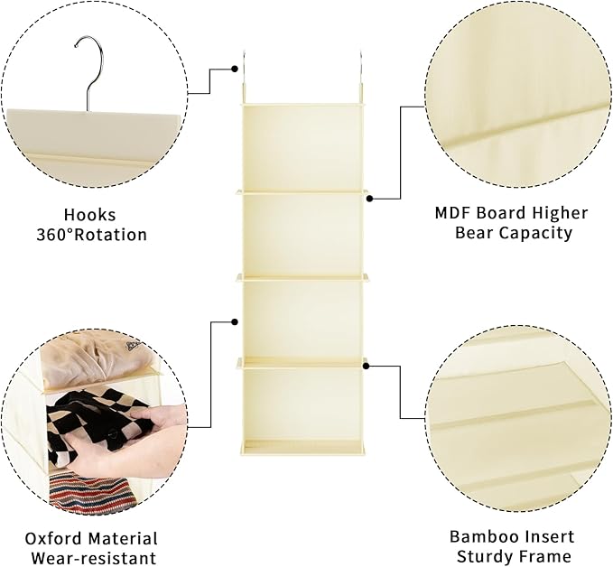 YOUDENOVA Hanging Closet Organizer, 4-Shelf Closet Hanging Shelves, Beige