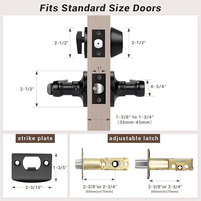 Knobonly 1 Set of Front Exterior Door Knob Set with Single Cylinder Deadbolts in Matte Blac Finish, All Keyed Same Combo Pack, Wave Style Entry Door Lever Locks with Combinations