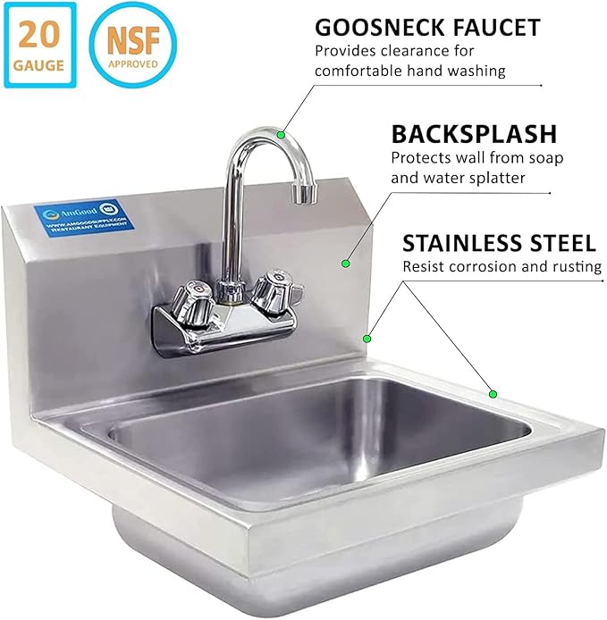Commercial Hand Wash Sink – 15" x 17" Wall Mounted Stainless Steel Basin with | NSF Certified